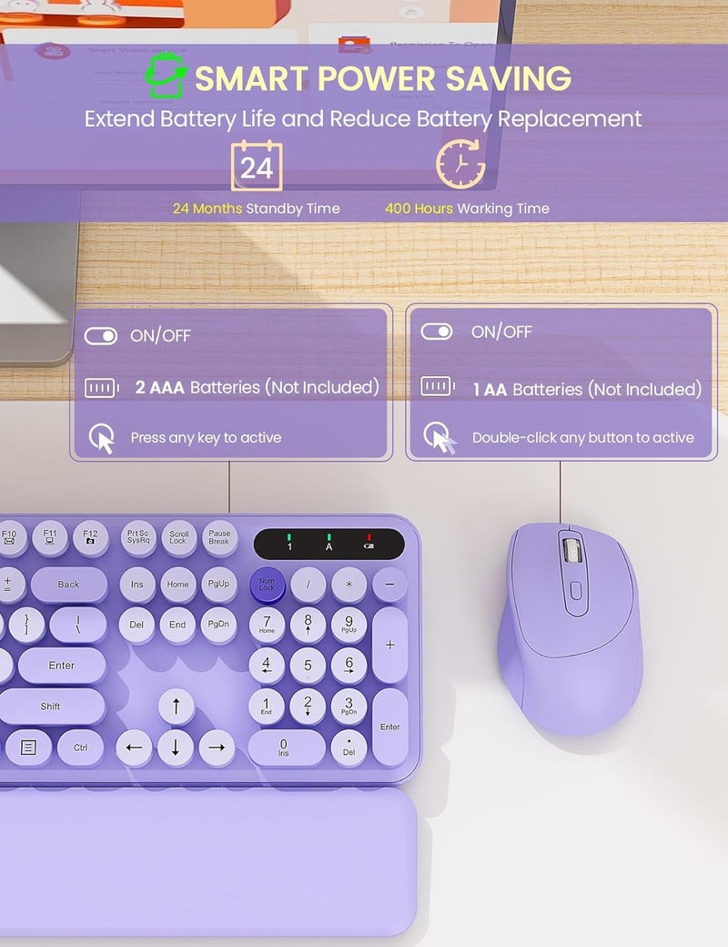 Trueque Wireless Keyboard and Mouse Combo - Cute Typewriter Keyboard with Detachable Wrist Rest, Retro Round Keycaps, Foldable Legs, 2.4GHz Full-Size Keyboard for PC, Laptop, Mac, Windows - (Purple) - Image 5